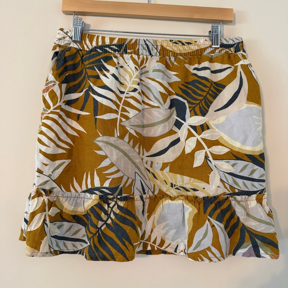 C&C California Tropical Palm Linen Ruffle Mini Skirt Mustard Yellow Women Sz Med